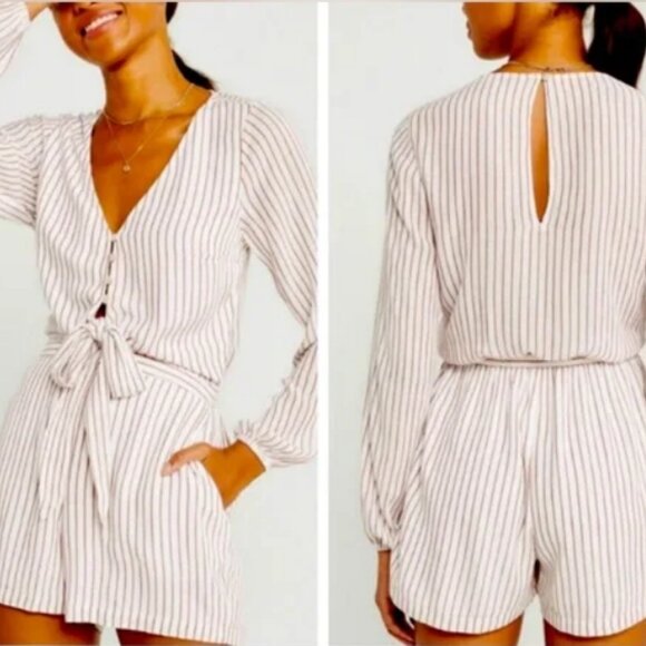 New Abercrombie & Fitch Brown stripe Tie Long Sleeve Romper - Picture 1 of 6